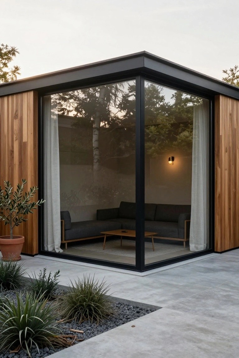Modern house corner with black metal-framed floor-to-ceiling glass walls, vertical wood cladding, visible interior L-shaped sofa and table, potted olive tree, and concrete patio edged with grasses and pebbles.