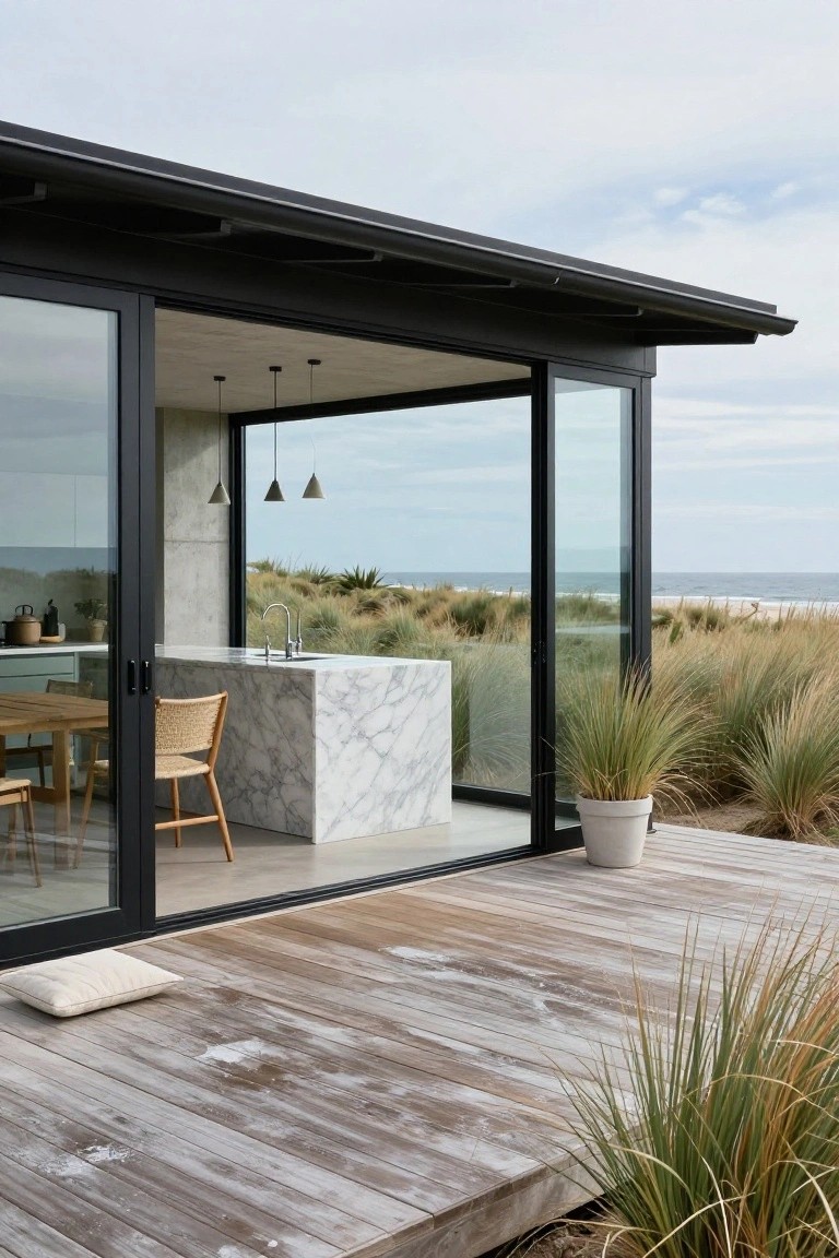 Modern beach house exterior featuring black-framed floor-to-ceiling sliding glass corner walls fully open to reveal a marble kitchen island, wooden deck with potted grasses, sand dunes, and ocean view.
