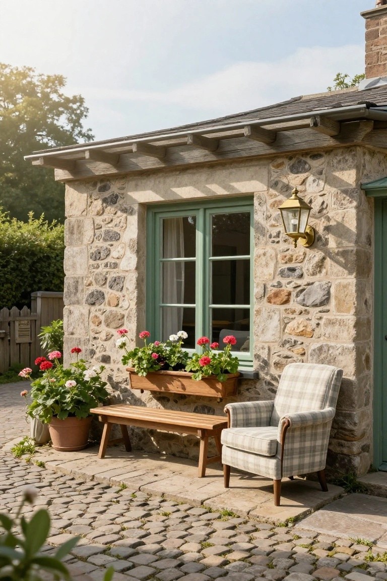 Cozy stone cottage exterior with a plaid armchair, wooden bench, and colorful flowers.