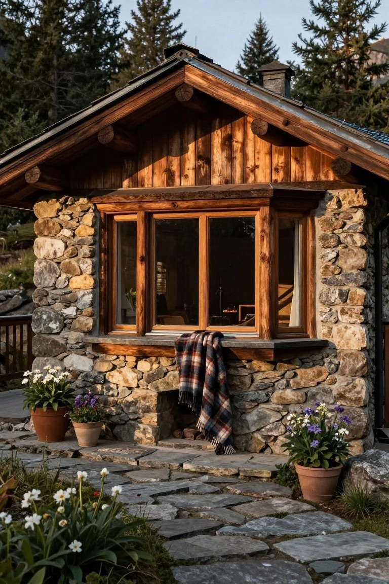 Stone and wood chalet exterior with large wood-framed wraparound corner window, plaid blanket on sill, potted flowers nearby, stone path, and pine trees in background.
