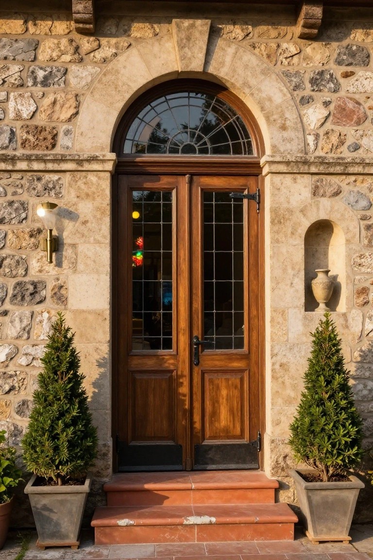 Stone house entrance with double wooden doors under a tall arched fanlight window, flanked by potted evergreen trees on terracotta steps.