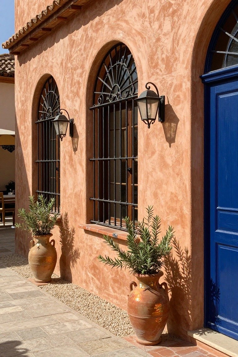 Terracotta stucco house exterior with two arched windows featuring black wrought-iron fan grilles, hanging lanterns beside them, large terracotta pots with olive plants, stone pathway, and blue door.