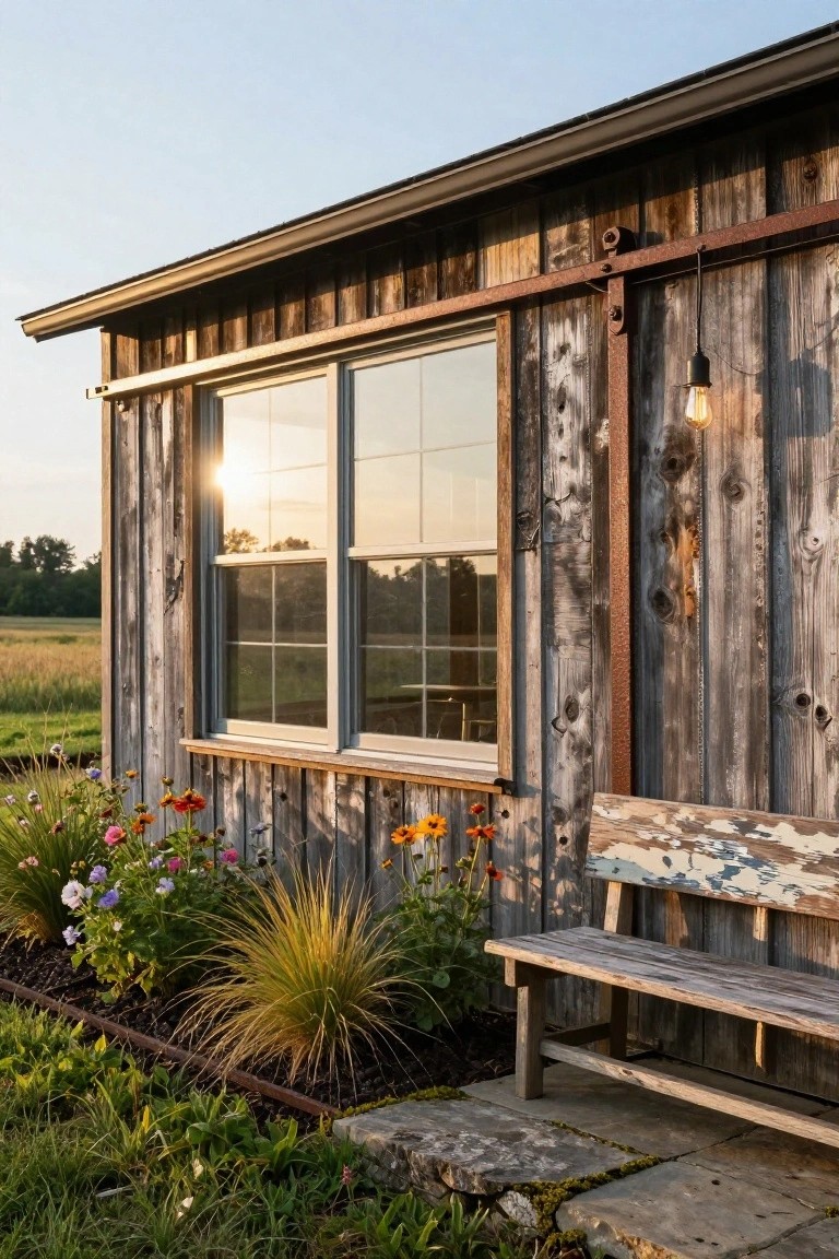 Rustic wooden building exterior with large divided-light window, metal track above holding pendant bulb light, colorful flowers and wooden bench in front, stone steps, and grassy field beyond at sunset.