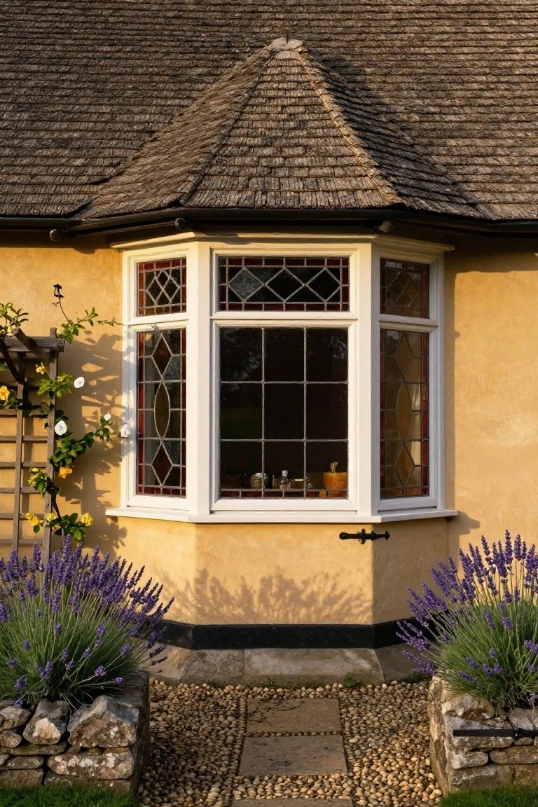 Close-up of a beige stucco house exterior featuring a gabled bay window with red leaded glass panes, yellow climbing flowers on a trellis to the left, lavender plants in stone beds on both sides, and a pebble path in front.