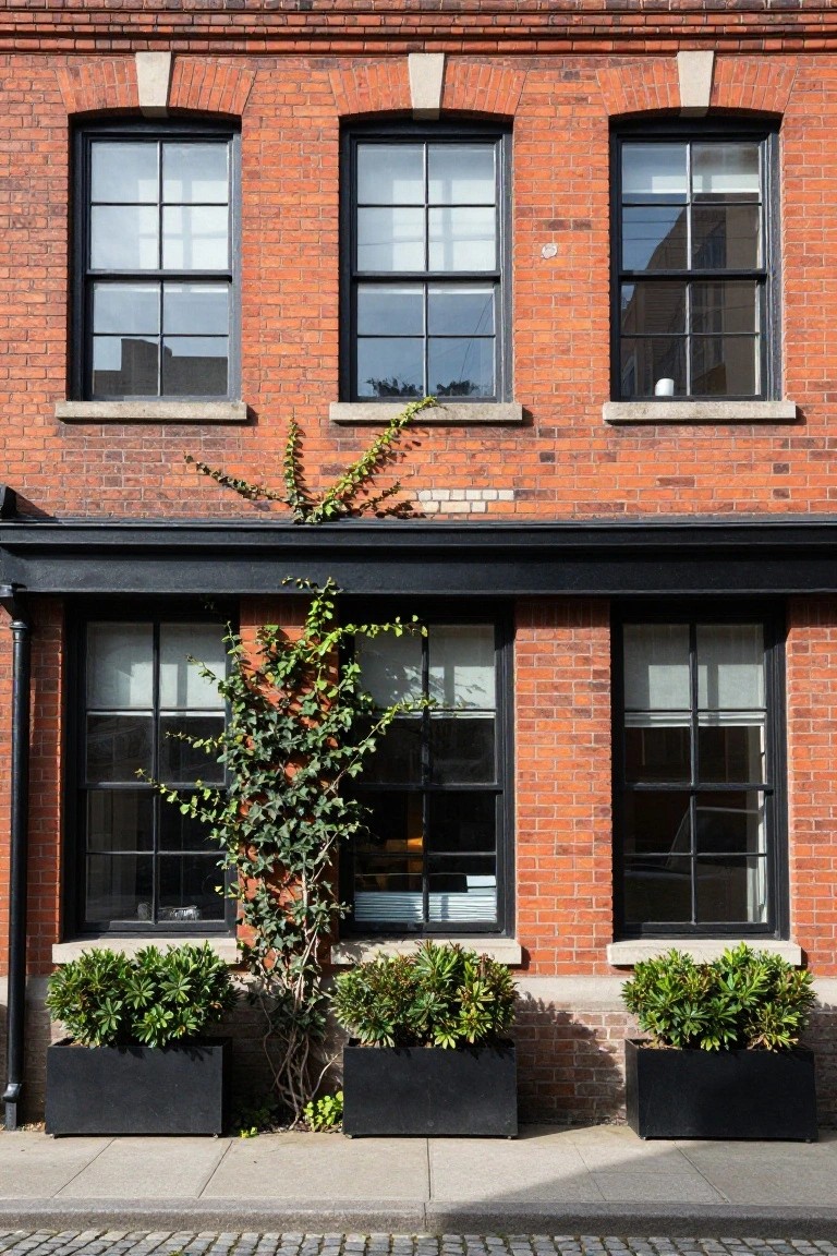 Red brick townhouse facade with black-framed multi-pane windows on two levels, climbing ivy on the right side, and three black rectangular planters containing green shrubs along the front sidewalk.