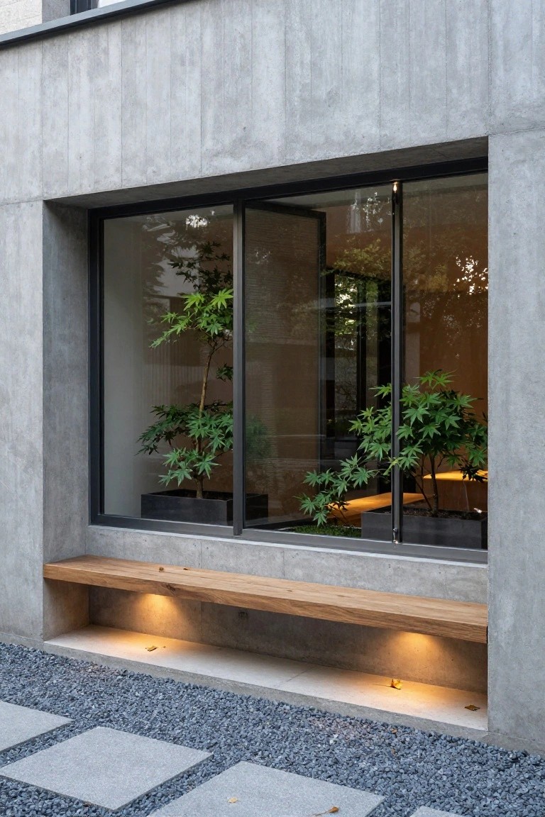 Concrete house exterior featuring a large sliding glass window with indoor potted plants visible, a built-in wooden bench at the window base illuminated by under lights, and gravel paving nearby.