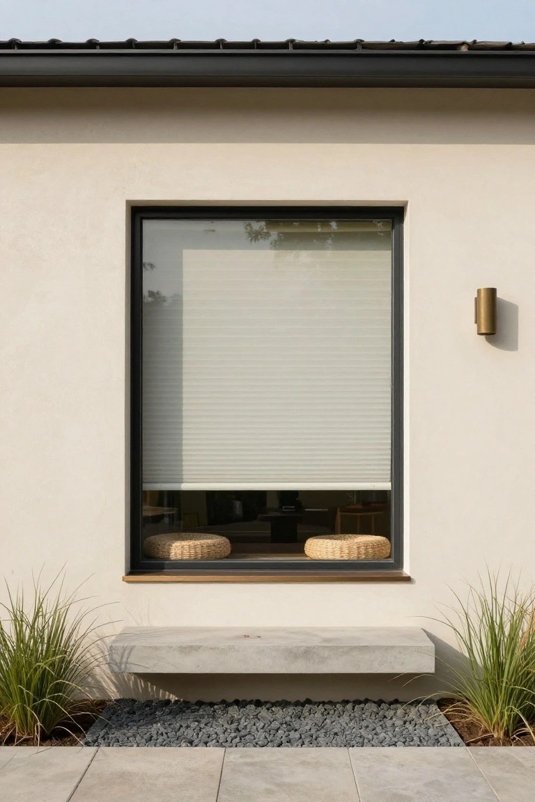 Beige stucco house wall with large black-framed window, sheer roller blind partially lowered, two round woven stools on interior sill visible inside, brass cylindrical wall light to the right, protruding concrete bench below window flanked by ornamental grasses, gravel mulch bed, and stone paver patio.