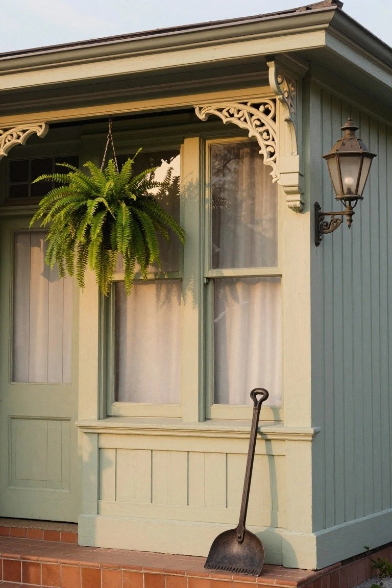 Sage green wooden outbuilding exterior with ornate carved white brackets above double windows draped in sheer curtains, a hanging fern plant, mounted lantern light fixture, and metal-handled dustpan leaning on brick steps.