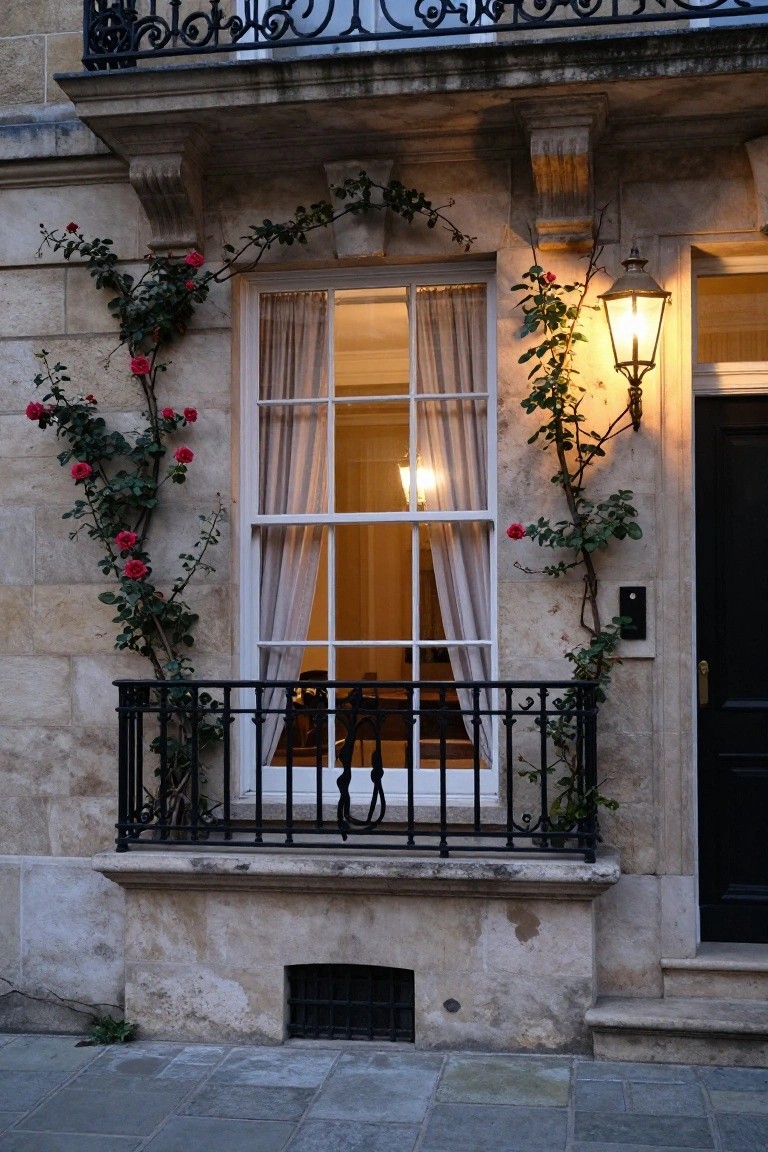 Stone facade of a building featuring a wrought iron balcony with large multi-paned window, sheer curtains inside, climbing vines with red roses, wall-mounted lantern light, and adjacent black door.