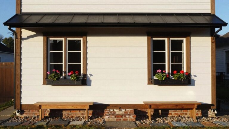 White clapboard house exterior showing two double-hung windows with wooden flower boxes of red geraniums below them, black metal awning above, wooden bench on brick base, and gravel path with stone pavers.