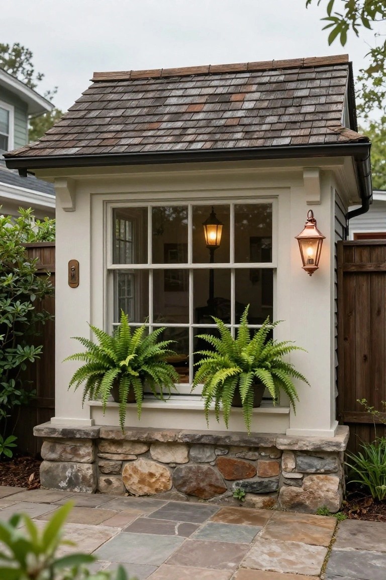 Small white exterior window structure topped with a sloped shingle roof, flanked by two large potted ferns on the sill, copper lanterns on the walls, stone base, and wooden fence in the background.