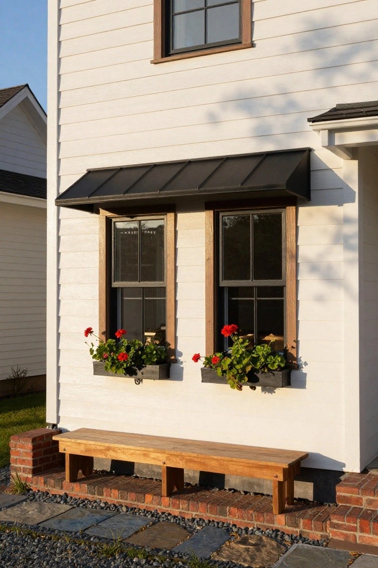 White clapboard house exterior showing two double-hung windows with wooden flower boxes of red geraniums below them, black metal awning above, wooden bench on brick base, and gravel path with stone pavers.