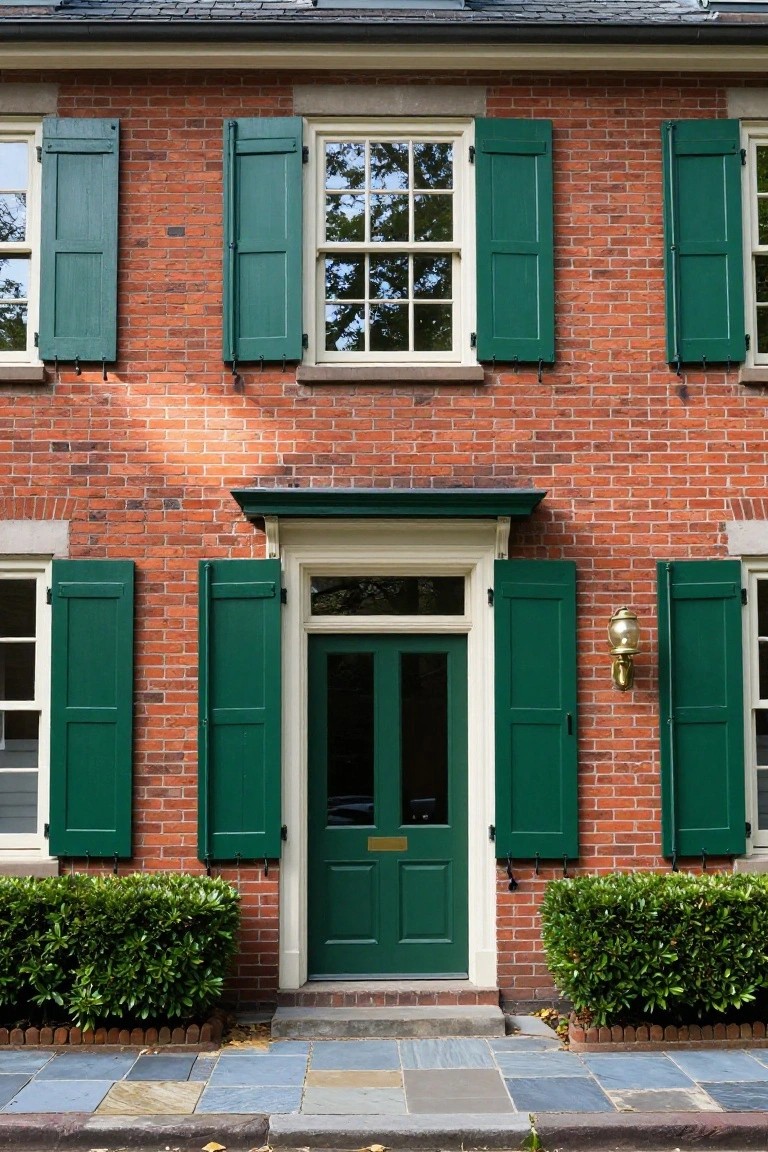 Red brick house facade with green wooden shutters framing multipaned windows, a matching green front door with brass hardware, flanked by boxwood shrubs on a stone pathway.