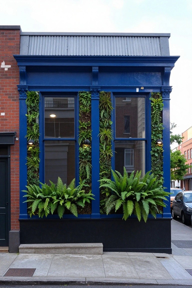 Blue-painted narrow house facade with tall double windows flanked by vertical walls of lush green ferns and plants, black base, and corrugated metal roof beside brick neighbors.