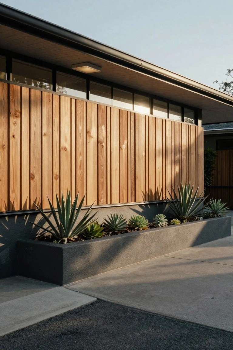 Modern house exterior showing vertical wooden planks adjacent to large horizontal glass windows, with a concrete planter box of agave succulents along the base and a concrete pathway nearby.