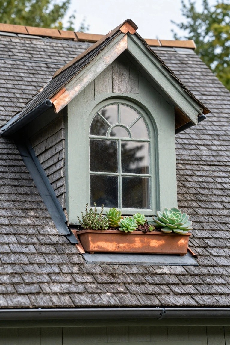 Arched sage green dormer window on a cedar shingle roof with a copper window box filled with succulents and a small potted herb.