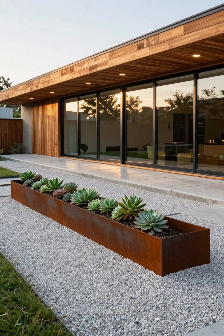 Modern house exterior featuring warm wood cladding under a flat roof, large black-framed sliding glass doors along a concrete patio, and a long rectangular corten steel planter box filled with succulents next to a gravel path.
