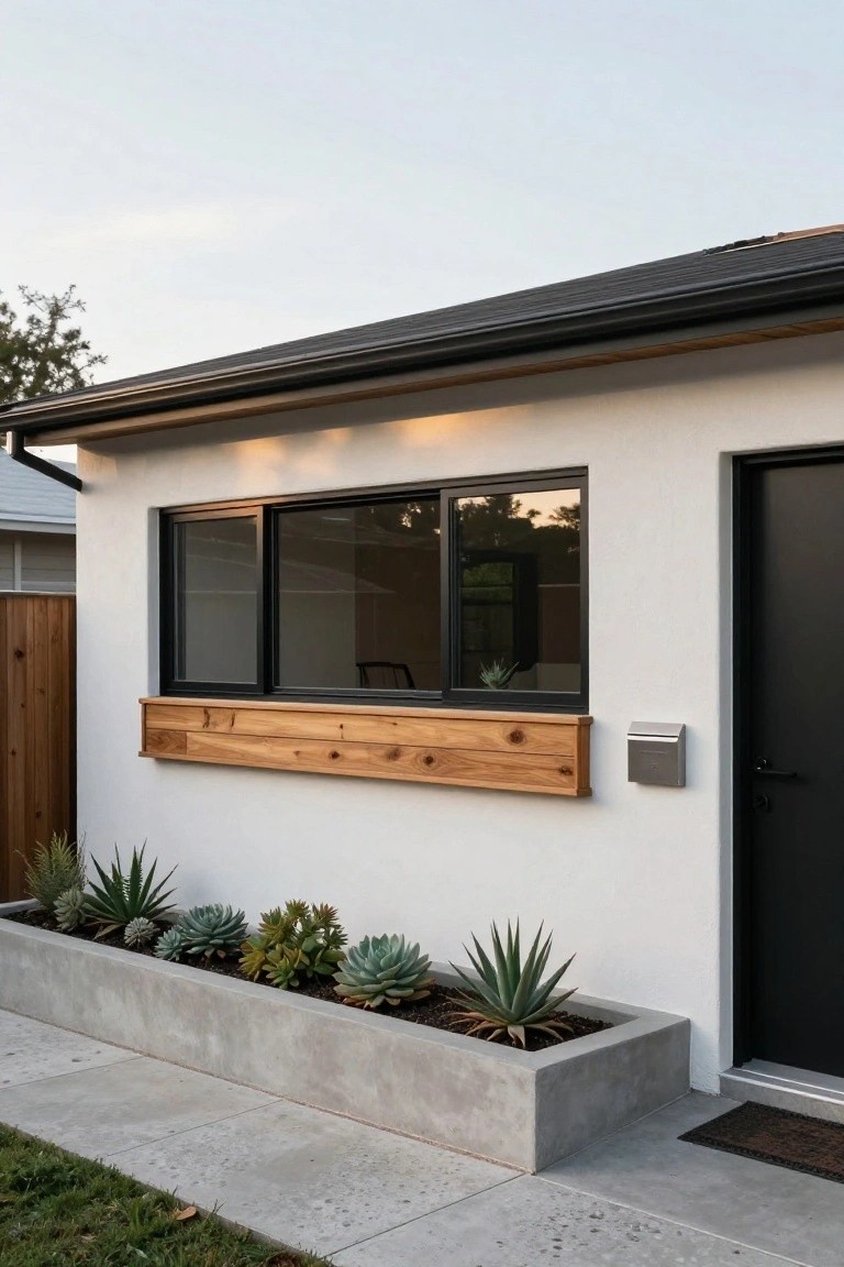 Side exterior of a modern house with white stucco wall, black-framed sliding window with wooden sill box, black door, metal mailbox, concrete planter box with succulents, concrete path, and wood fence.