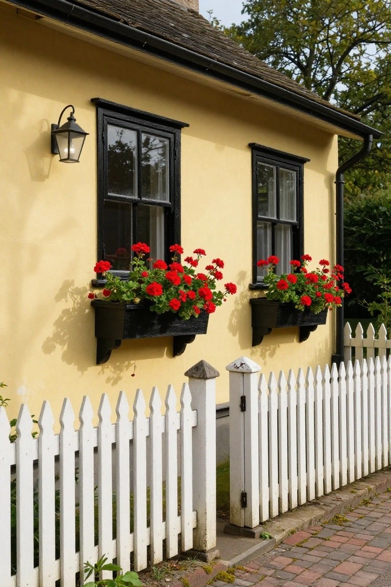 Pale yellow house with black-framed windows, red geraniums in black window boxes, wall lantern, and white picket fence beside a brick path.