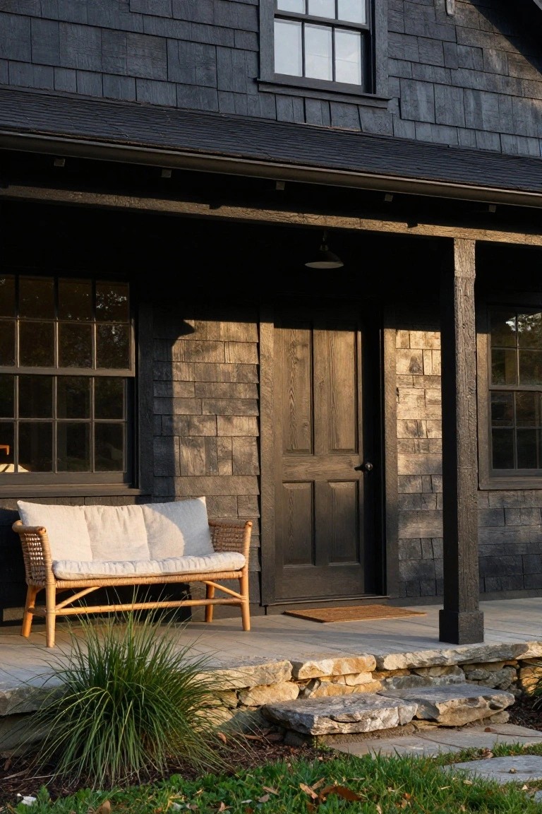 Dark shingled house facade with black-framed windows, wooden front door under a covered porch with wicker bench and cushions, stone steps, and low grass plantings.
