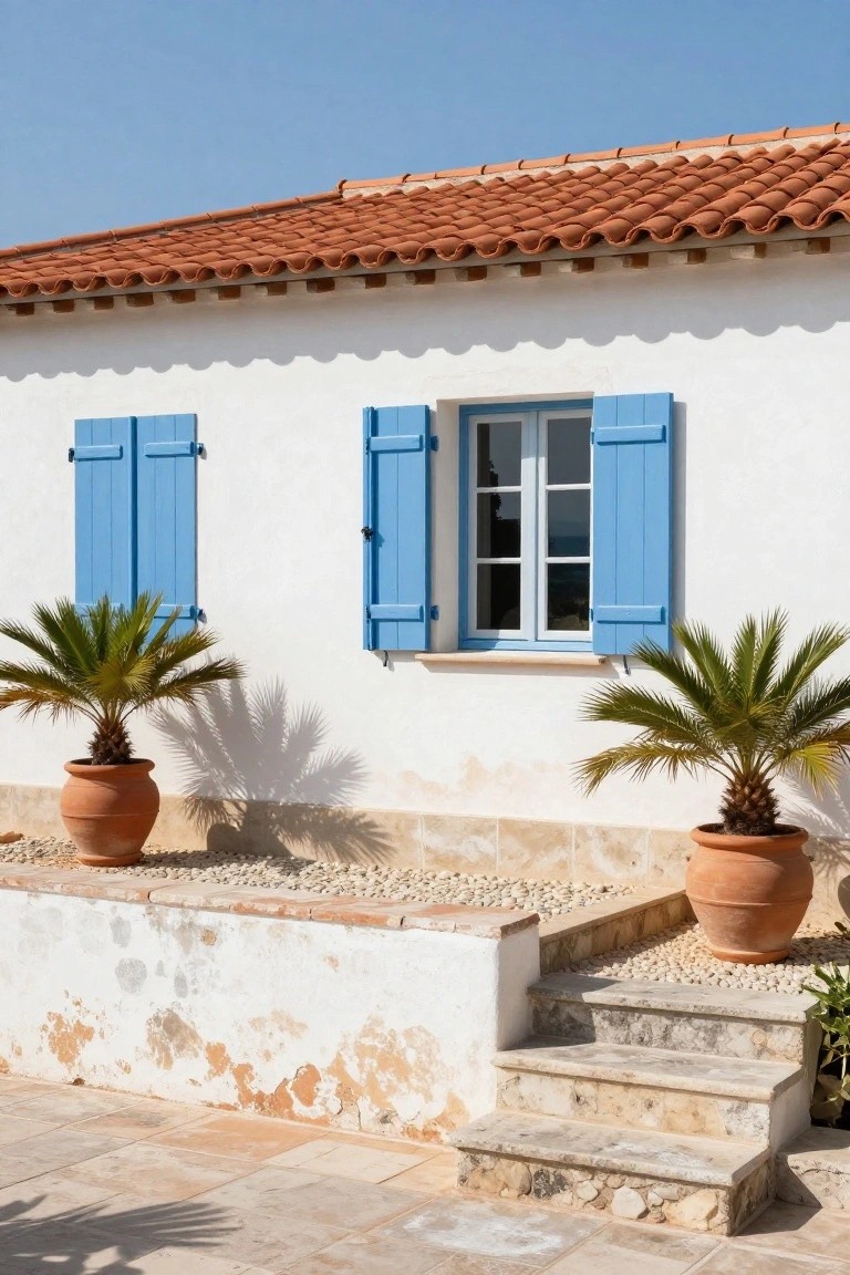 White stucco house exterior with open blue wooden shutters on windows, terracotta tile roof, potted fan palms, gravel base, and stone steps on a terrace.