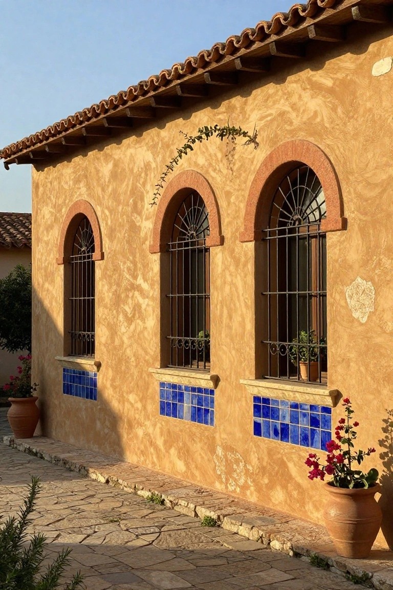 Beige stucco wall of a house featuring three arched windows with black metal grilles, blue tiled sills, potted plants, ivy vines, and terracotta roof tiles on a sunny day.