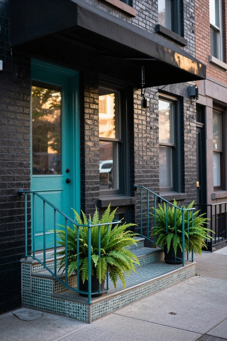 Turquoise front door on a black brick row house exterior with matching teal railings, mosaic tiled steps, and potted ferns flanking the entry.