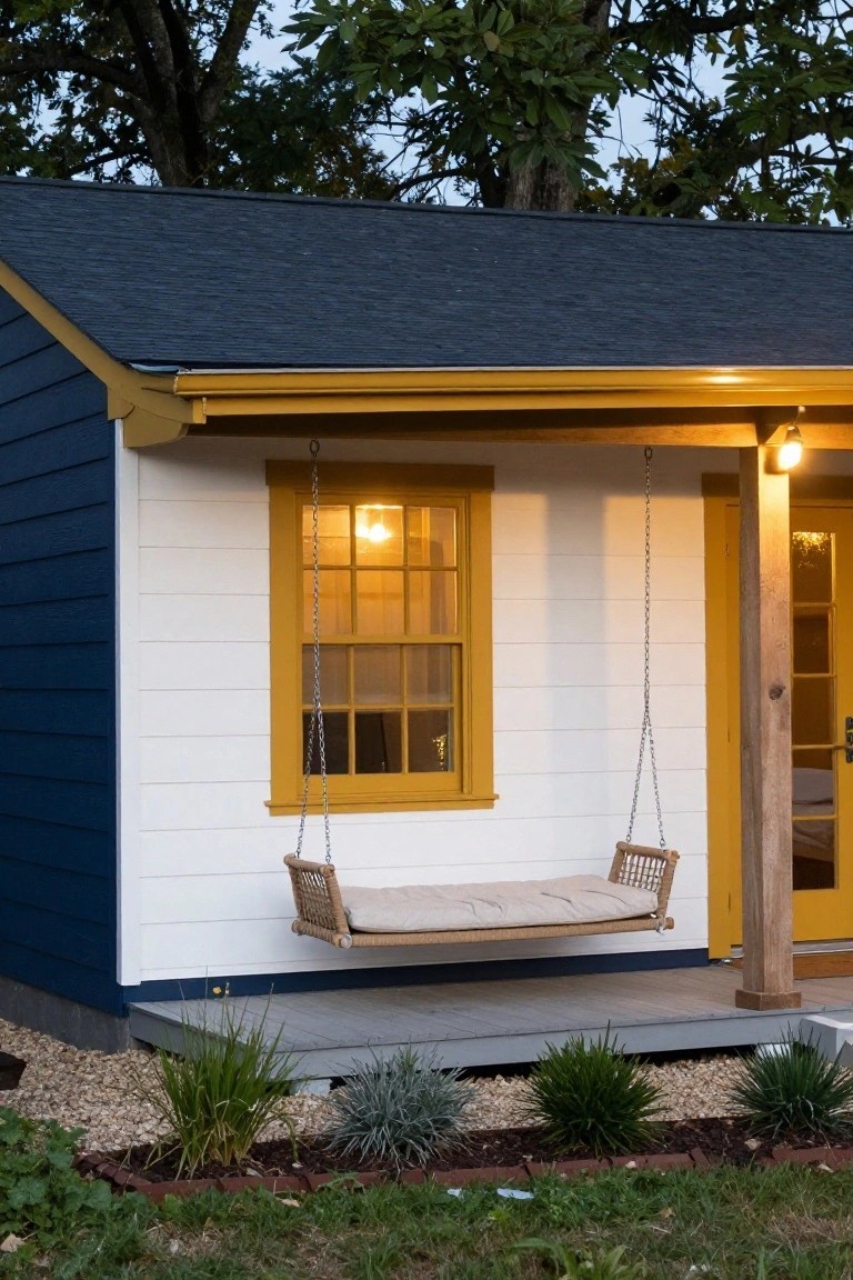Small house exterior with navy blue siding, white walls, yellow trim around a lit window and door, porch with hanging swing and post light, gravel bed and plants at base under trees at dusk.