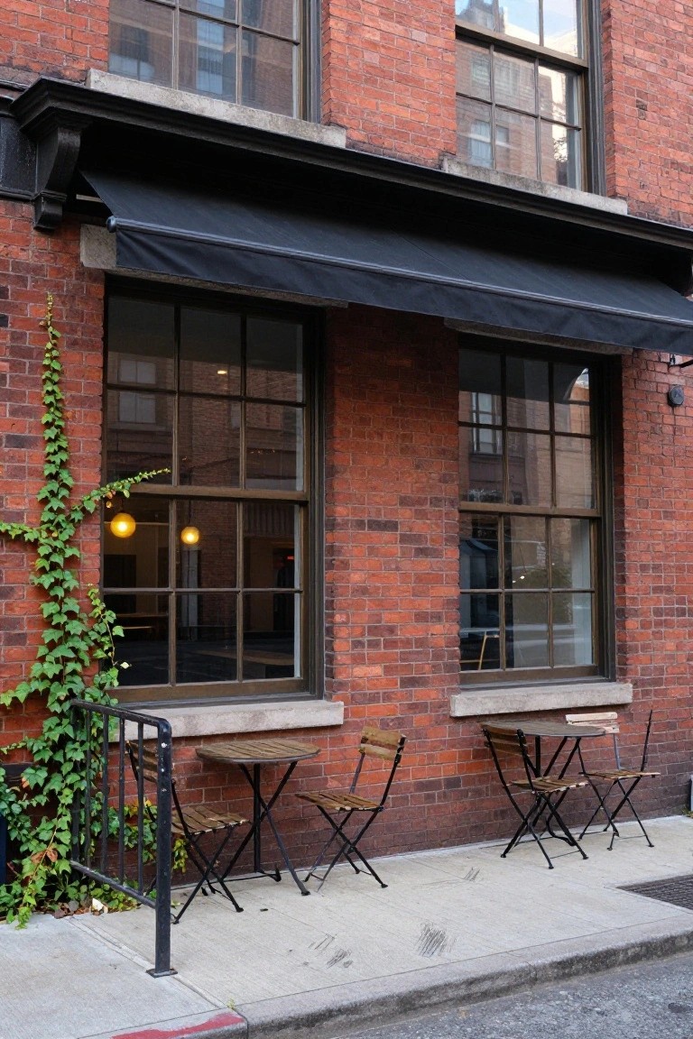 Red brick building facade with large multi-pane windows in dark bronze frames and light stone sills, black awning overhead, ivy climbing one side, and small wooden bistro tables with chairs on the sidewalk.