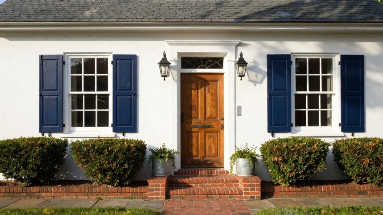 White clapboard house exterior with navy blue shutters flanking the windows and wooden double front door, brick steps leading up, metal lanterns, and potted shrubs on either side.