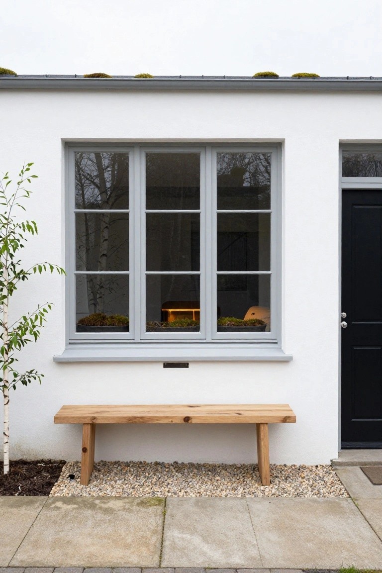 White exterior wall of a house with a large three-panel window in light gray frames, mossy plants on the sill, wooden bench below, small birch tree, gravel ground cover, and black front door to the side.