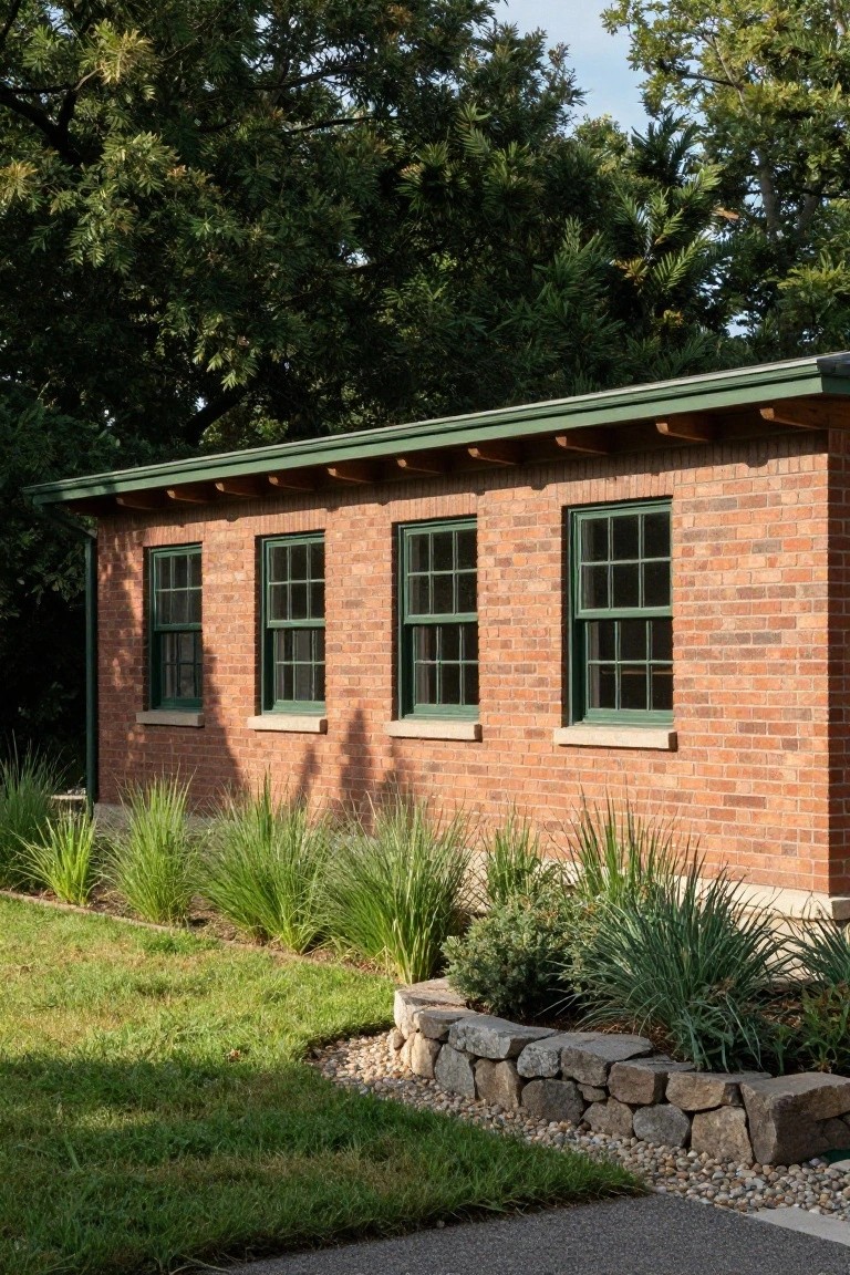 Brick building with green metal roof overhang and three green-framed double-hung windows on the side, surrounded by trees, with front landscaping of ornamental grasses, shrubs, stone wall, gravel, and lawn.