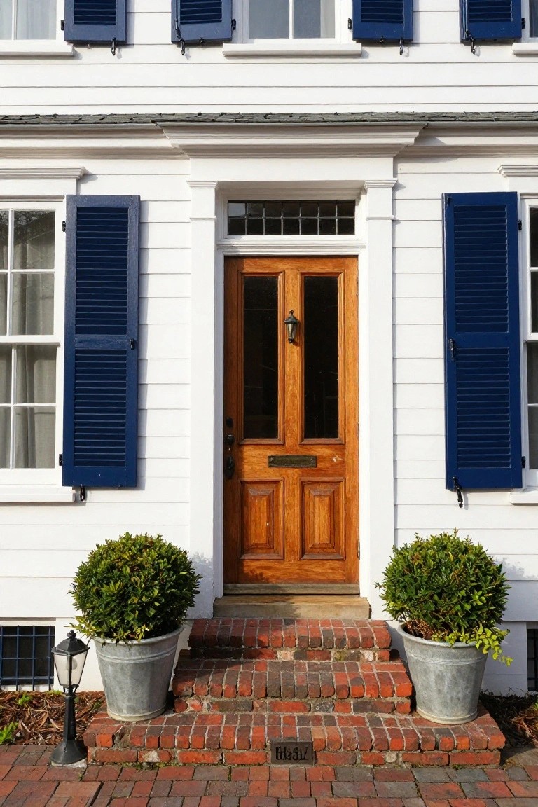 White clapboard house exterior with navy blue shutters flanking the windows and wooden double front door, brick steps leading up, metal lanterns, and potted shrubs on either side.