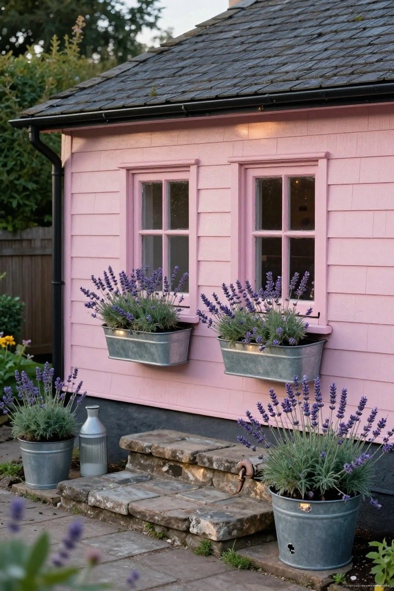 Pink clapboard shed with pale pink window frames and trim, lavender plants overflowing from galvanized metal bucket window boxes, additional potted lavender plants near stone entry steps.
