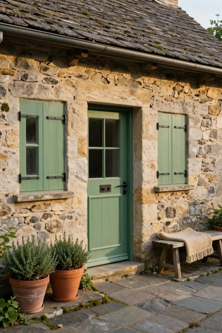 Rustic stone cottage exterior with sage green wooden door and matching shutters on small windows, flanked by terracotta pots of rosemary and a wooden bench with blanket on a slate stone path.