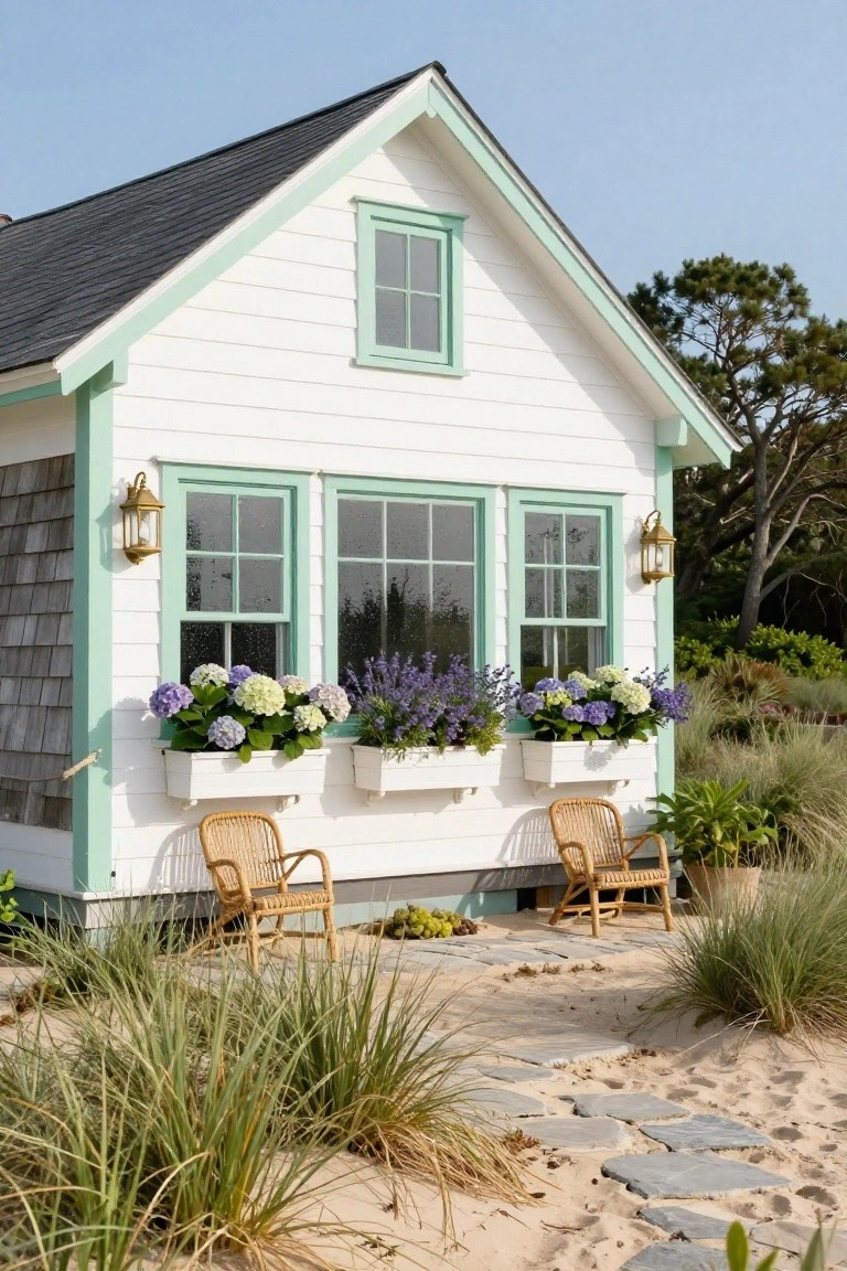 White clapboard beach house with dark shingle roof and mint green window frames, flower boxes of purple hydrangeas and lavender on the front windows, rattan chairs on a sandy path amid beach grass.