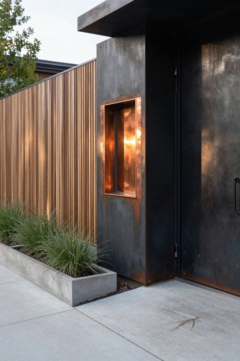 Close-up view of a modern house exterior featuring a corten steel wall with a small lit copper-framed window niche, wooden slat fence, concrete planter with grasses, and large metal entry door.