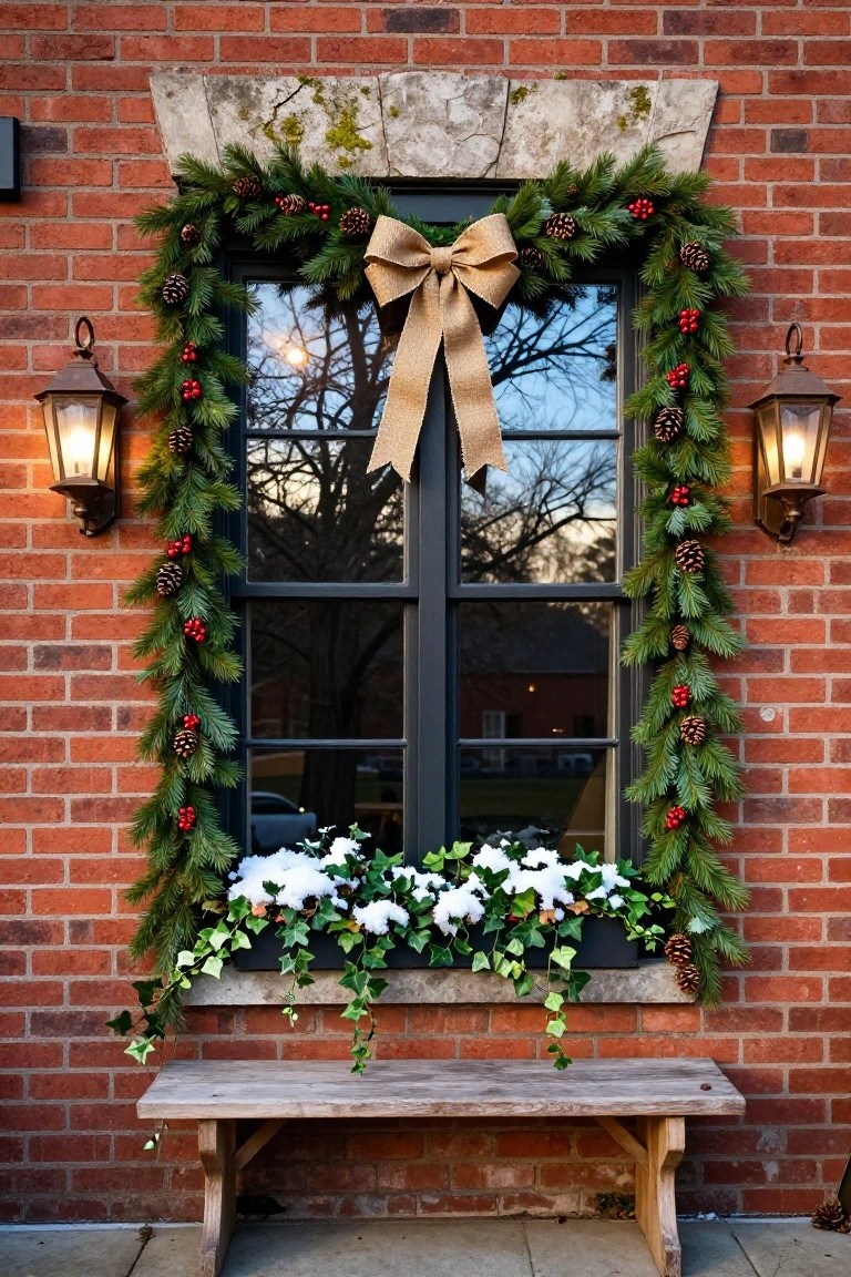 Brick exterior wall with a tall black-framed window fully framed by evergreen garland decorated with pinecones, red berries, and a large tan burlap bow at the top, flanked by two metal lanterns, a window box filled with white flowers, ivy, and faux snow, and a wooden bench at the base.