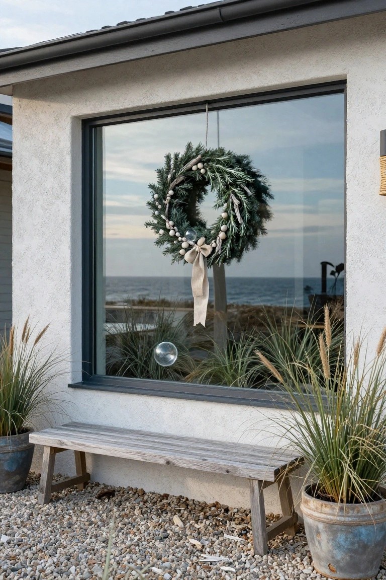Large modern window on a stucco beach house exterior with a Christmas wreath of evergreen branches, white berries, and beige bow hanging in the center, flanked by potted pampas grass, a wooden bench on gravel ground, and sea view inside.