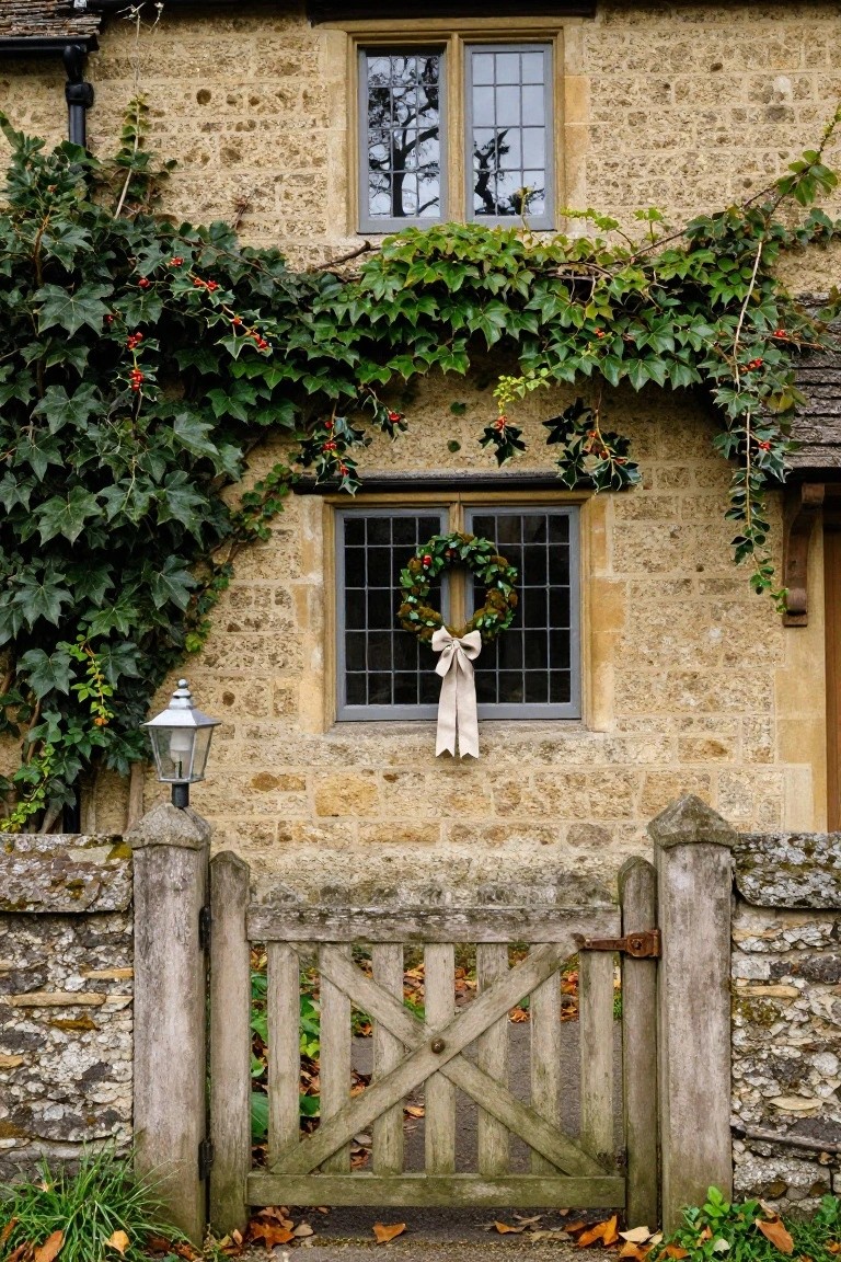 Honey-colored stone cottage exterior partially covered in green ivy with red berries, a circular holly wreath with white bow on a leaded window, a metal lantern post beside a wooden gate, and fallen leaves on the ground.