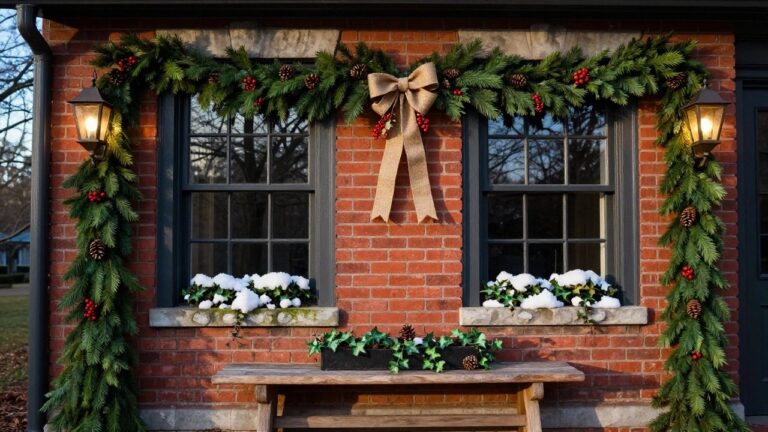 14 Exterior Window Garland Christmas Displays That Spark Holiday Joy Brick exterior wall with a tall black-framed window fully framed by evergreen garland decorated with pinecones, red berries, and a large tan burlap bow at the top, flanked by two metal lanterns, a window box filled with white flowers, ivy, and faux snow, and a wooden bench at the base.