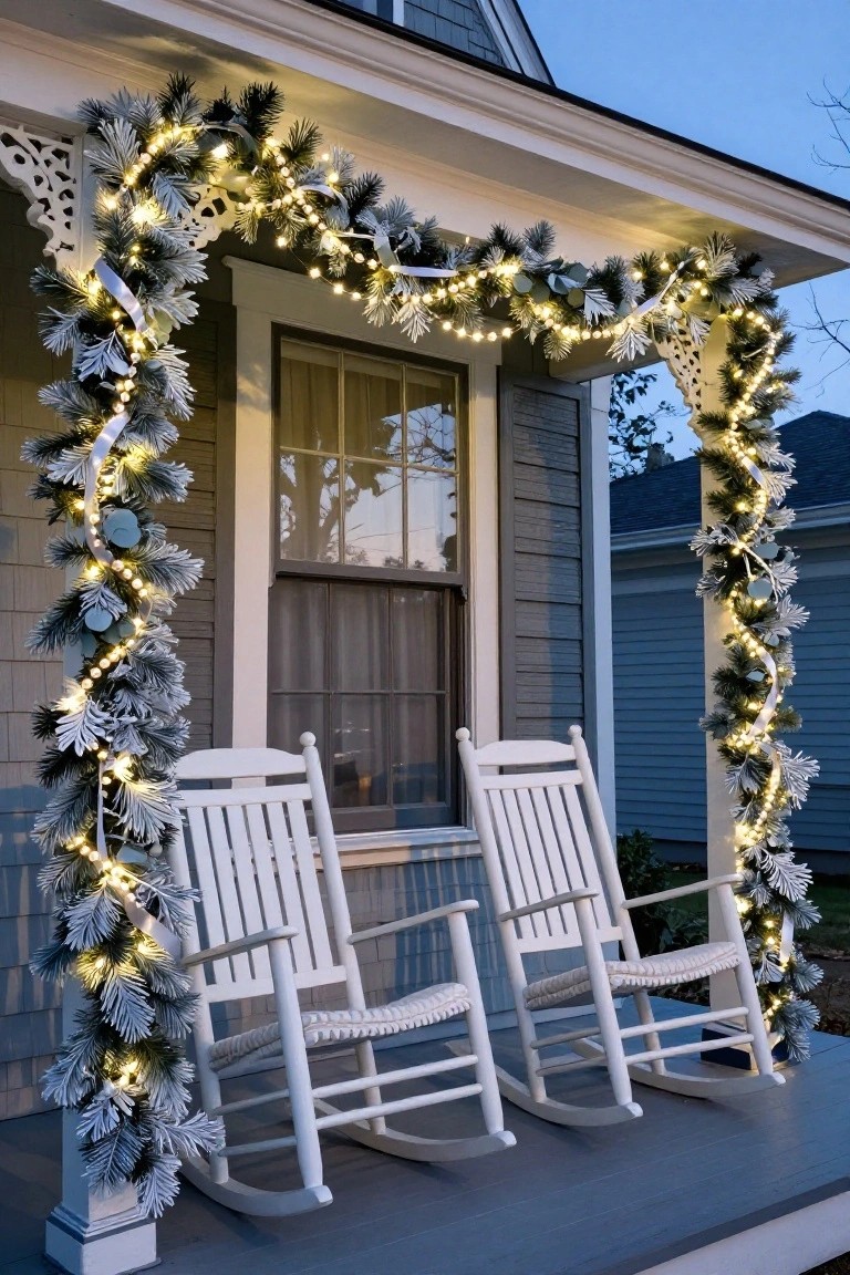 Gray shingled porch at dusk with white frosted pine garlands and string lights draped along railings, posts, and above two windows, flanked by two white wooden rocking chairs on a gray deck.