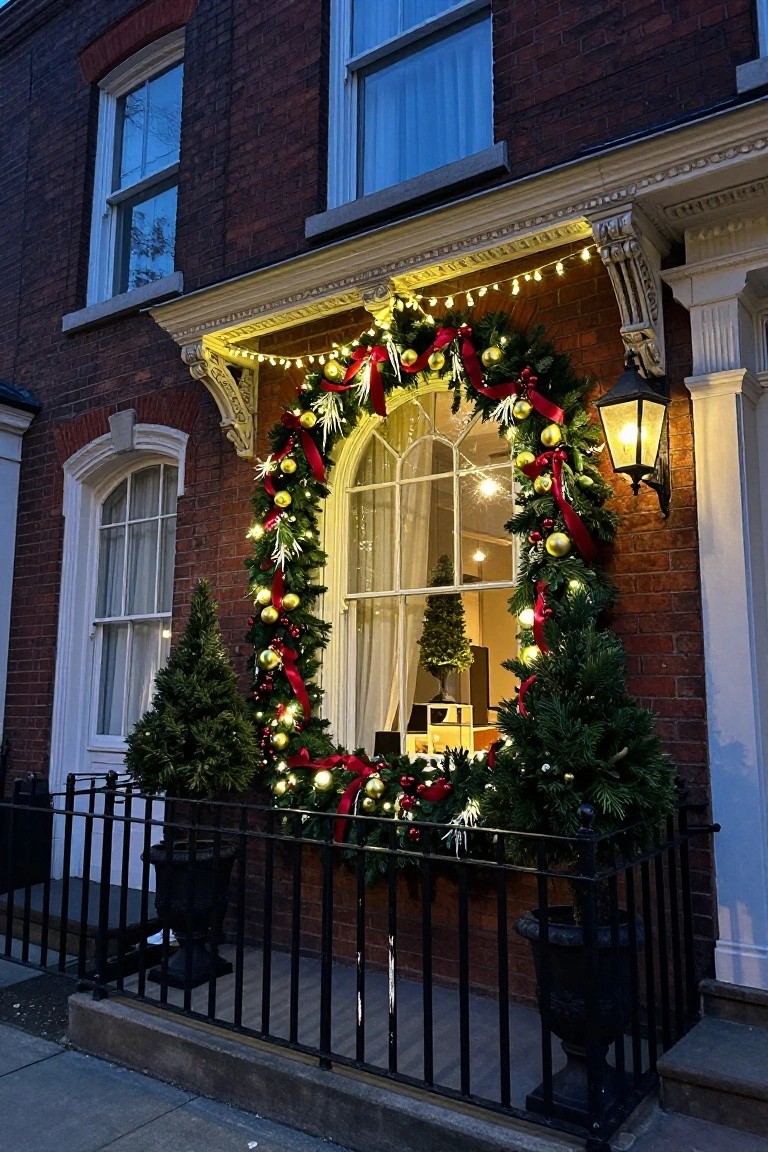 Red brick townhouse exterior at dusk with Christmas garland draped around a large arched window, accented by red ribbons, gold and red ornaments, fairy lights, lanterns, and potted evergreen trees flanking black iron railings.