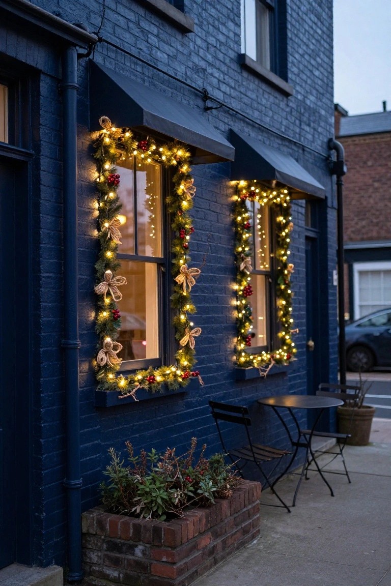 Two tall windows on a dark blue brick building framed by Christmas garlands with white lights, red berries, and burlap bows, next to a small sidewalk table, chairs, and brick planter.