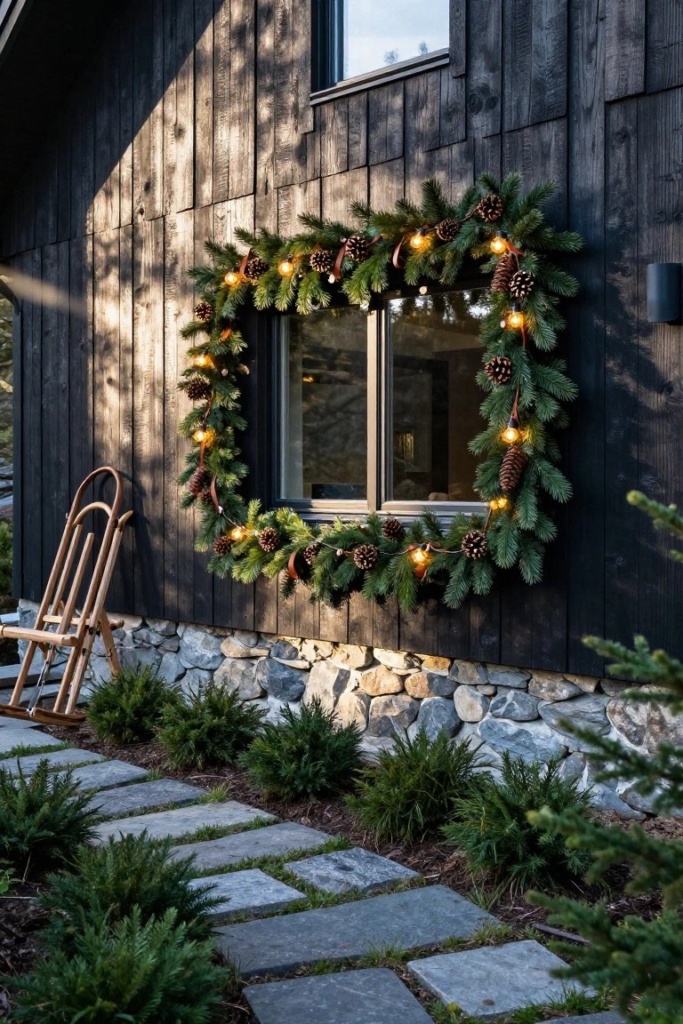 Dark wood cabin exterior with a double window framed by evergreen garland accented with pinecones, leather ribbons, and warm string lights, beside a wooden sled on a flagstone path with low shrubs and stone foundation.