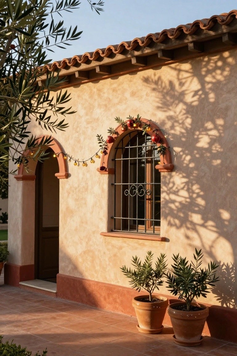 Stucco house exterior with terracotta roof and arched window and door framed by olive branch garland with pomegranates and string lights, potted olive trees on tiled patio.
