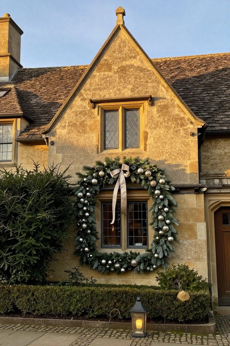 Beige stone house exterior with gabled roof and leaded window framed by large evergreen Christmas wreath with silver baubles, white satin bow, flanked by clipped green hedges and black lantern on cobblestone path.