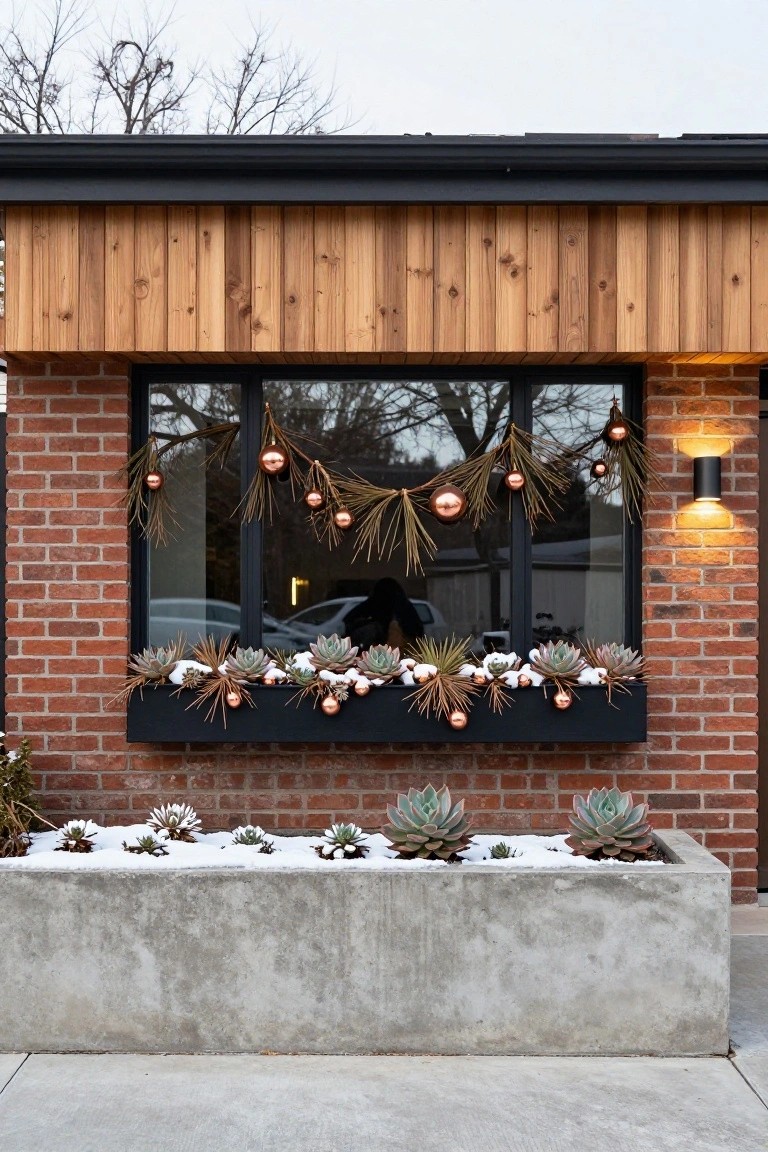 Brick house exterior window framed by wood cladding, decorated with pine garland and copper ornaments, black window box filled with snow-dusted succulents and holiday accents, concrete planter with plants below.