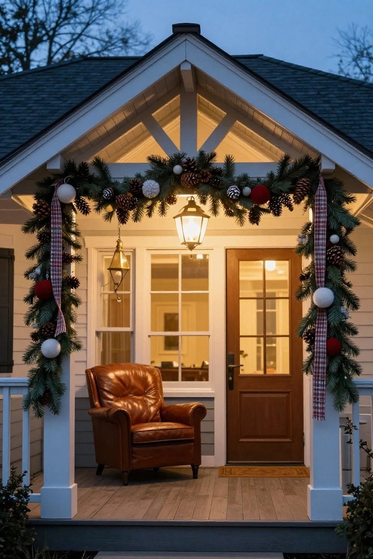 A house porch entrance decorated for Christmas with evergreen garlands draped from the gable over windows and door, accented by pinecones, round ornaments, plaid ribbons, hanging lanterns, and a leather armchair on the wood porch floor.