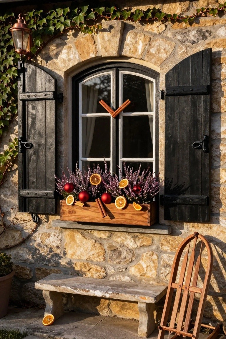 Arched window on a stone house facade with open black shutters, wooden window box overflowing with purple heather, dried orange slices, cinnamon sticks, and red Christmas ornaments, ivy on walls, copper lantern, stone bench, and wooden sled nearby.